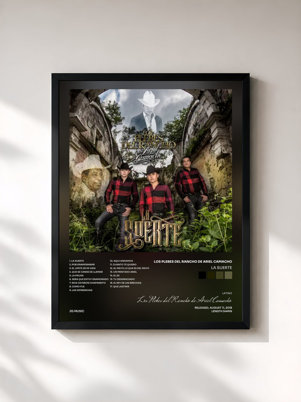 #noir Tableau de l'album La Suerte de Los Plebes del Rancho de Ariel Camacho, cadre noir, imprimé et encadré en France