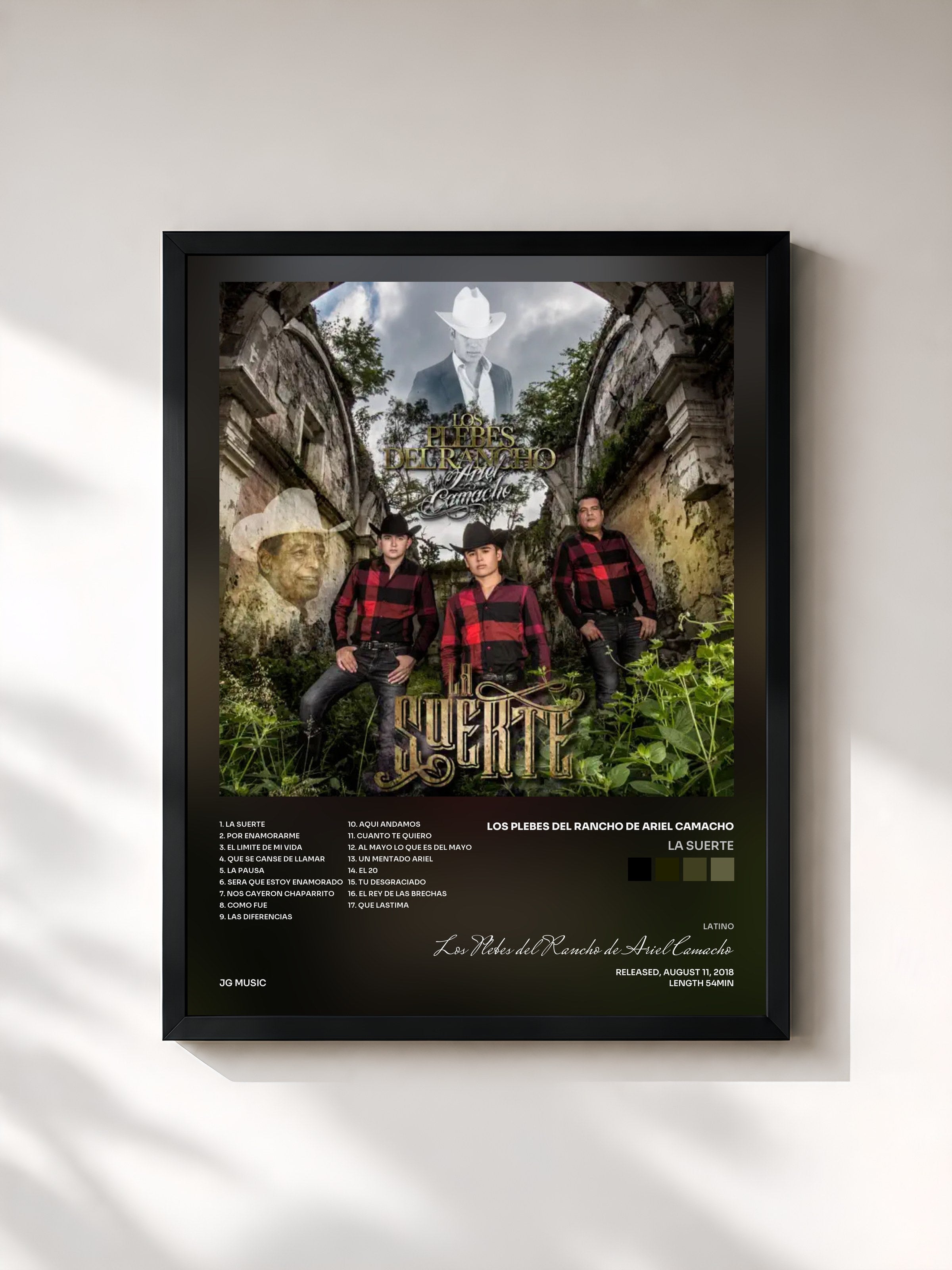 #noir Tableau de l'album La Suerte de Los Plebes del Rancho de Ariel Camacho, cadre noir, imprimé et encadré en France