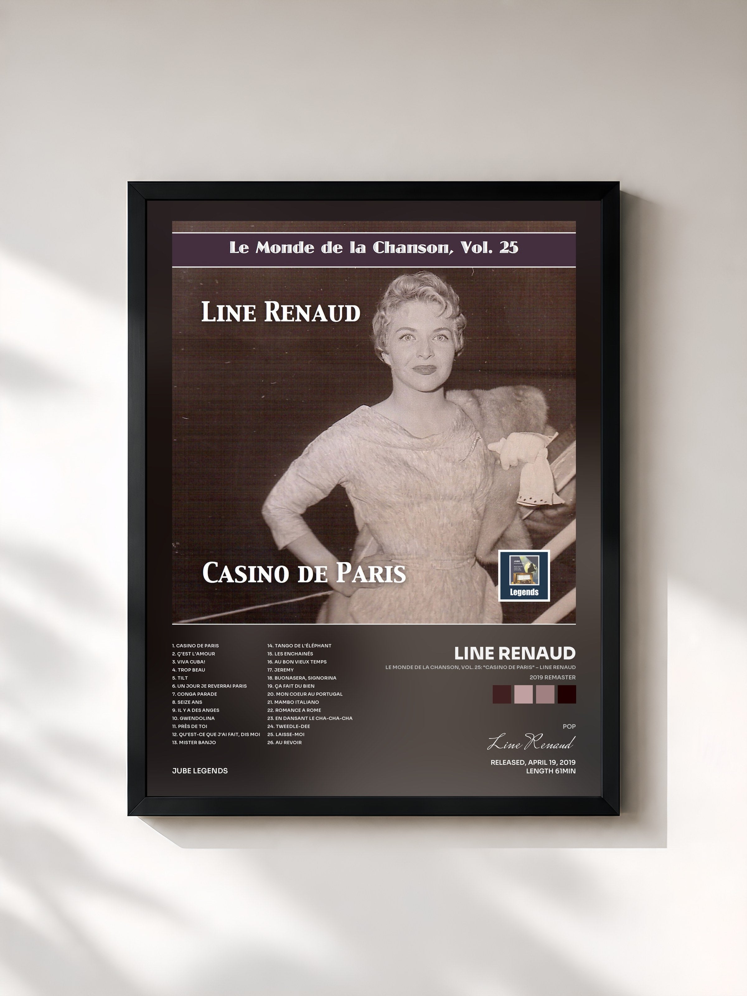 #noir Tableau de l'album Le Monde de la Chanson, Vol. 25: "Casino de Paris" – Line Renaud (2019 Remaster) de Line Renaud, cadre noir, imprimé et encadré en France