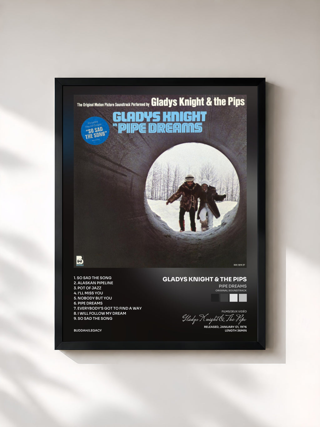 #noir Tableau de l'album Pipe Dreams (Original Soundtrack) de Gladys Knight & The Pips, cadre noir, imprimé et encadré en France