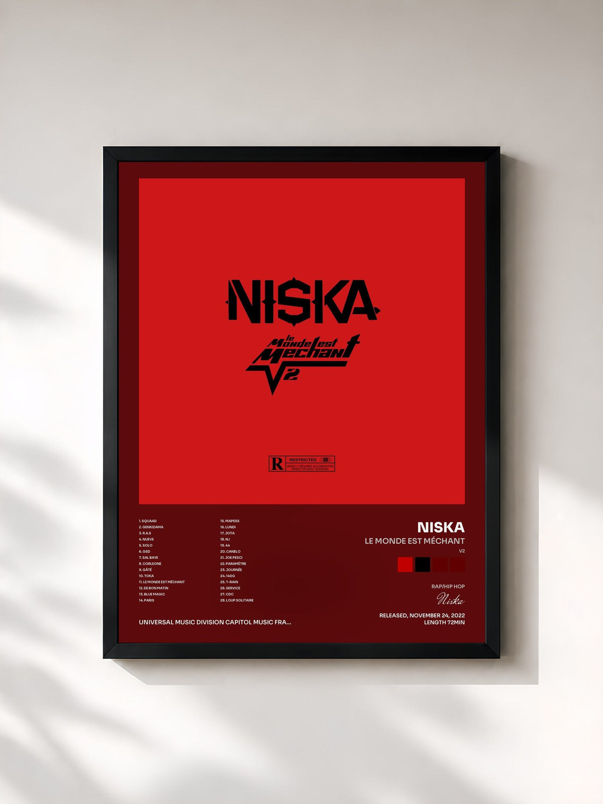 #noir Tableau de l'album Le monde est méchant (V2) de Niska, cadre noir, imprimé et encadré en France