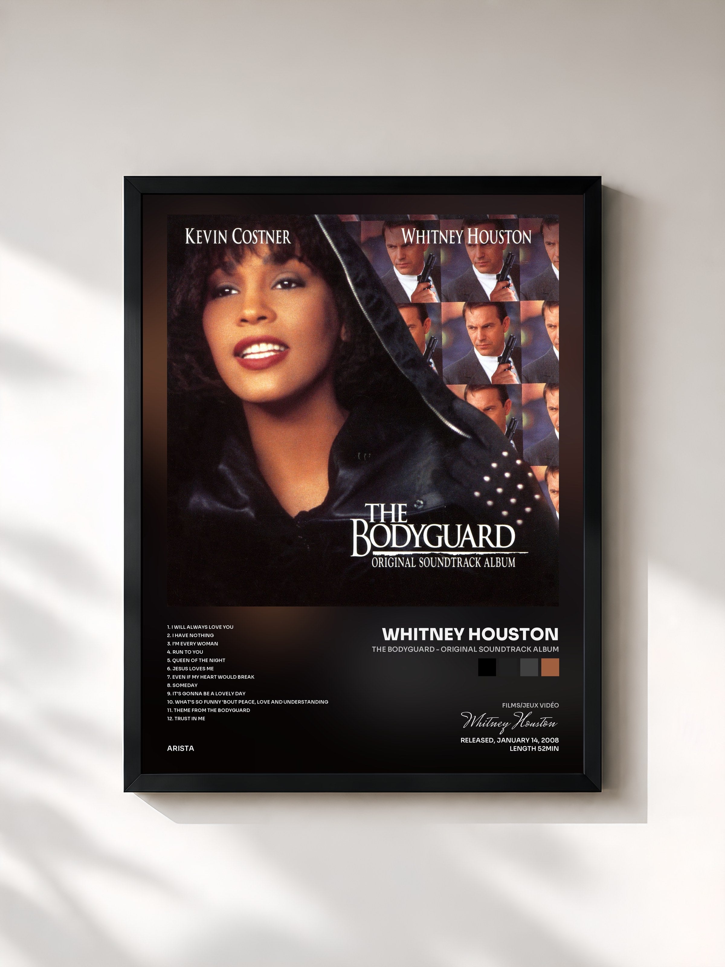 #noir The Bodyguard - Original Soundtrack Album de Whitney Houston en lámina enmarcada, marco negro, impresa y enmarcada en Francia
