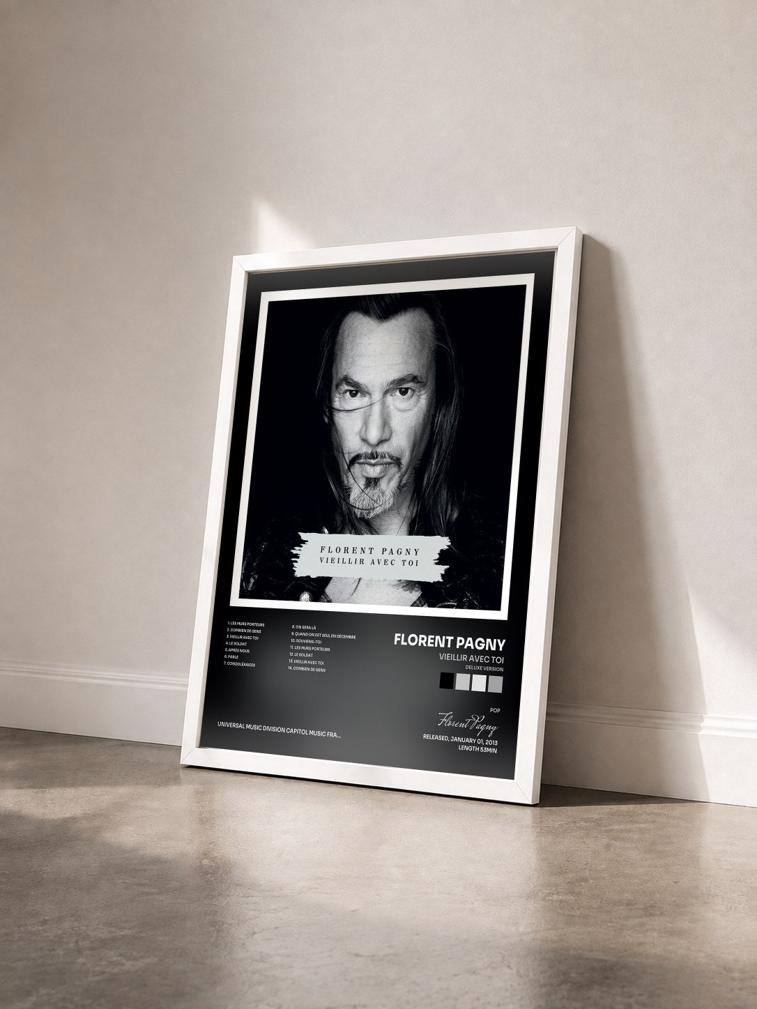 #blanc Tableau de l'album Vieillir Avec Toi (Deluxe Version) de Florent Pagny vu de trois quarts, cadre blanc