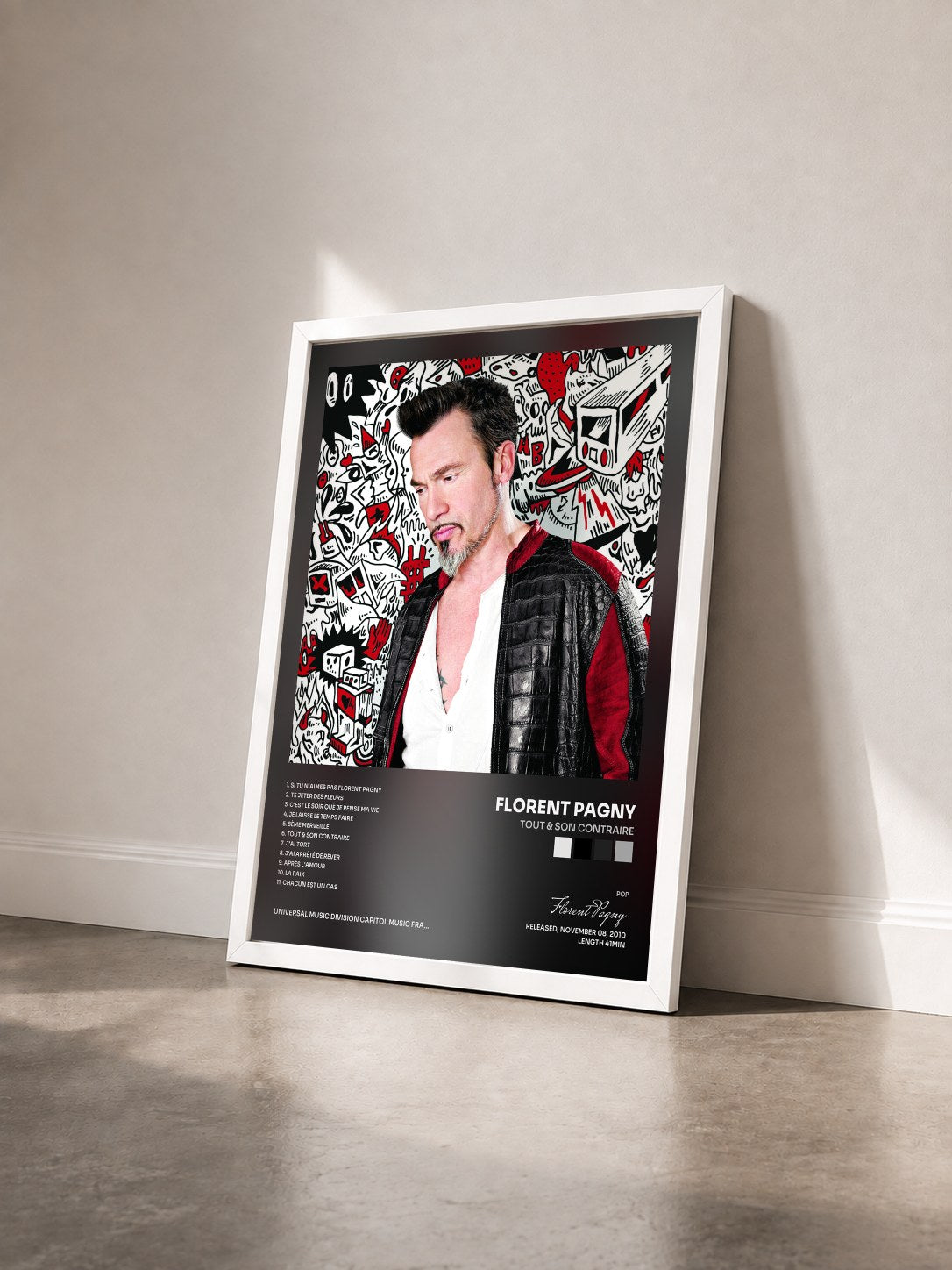 #blanc Tableau de l'album Tout & Son Contraire de Florent Pagny vu de trois quarts, cadre blanc