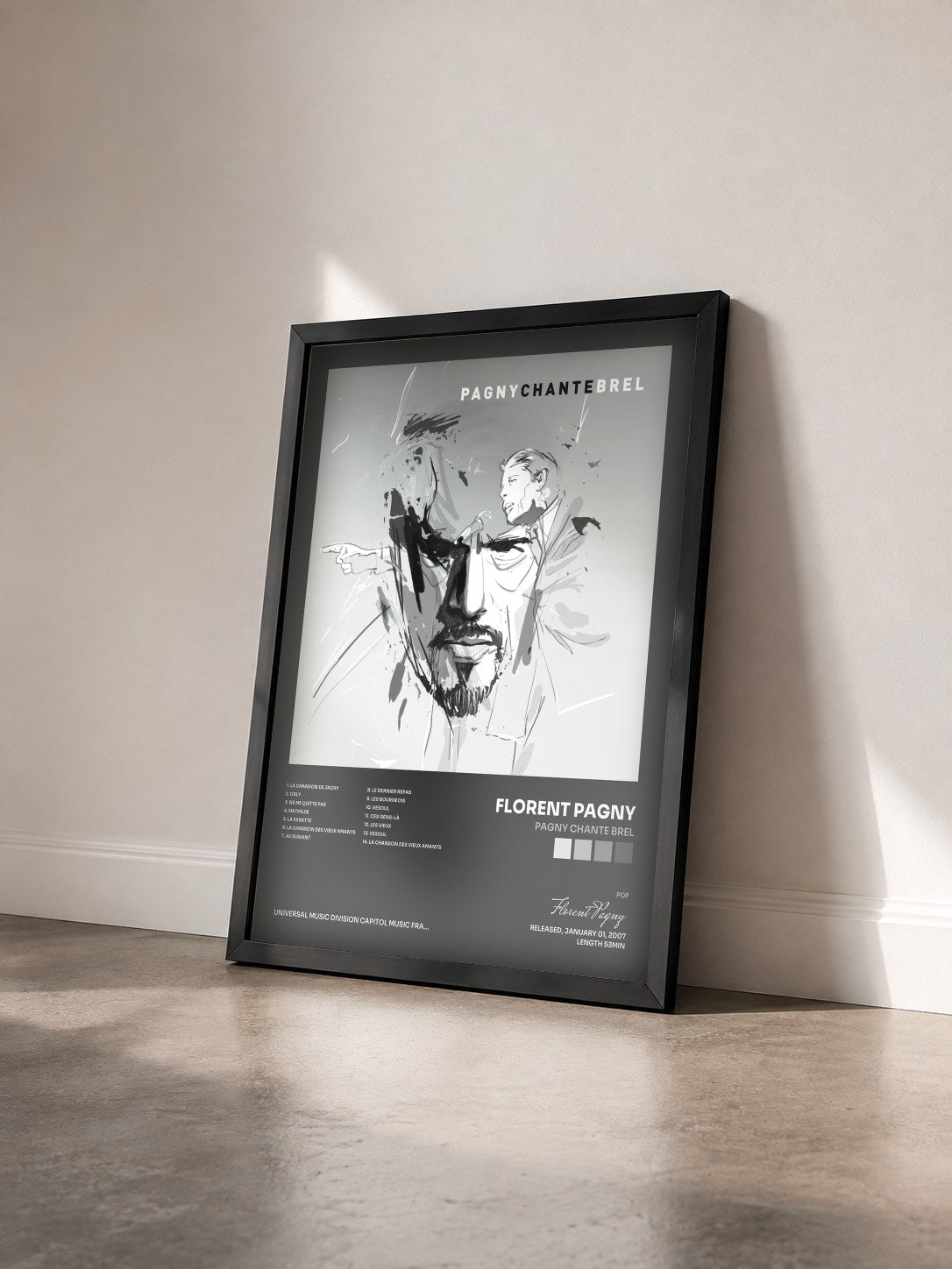 #noir Tableau de l'album Pagny Chante Brel de Florent Pagny vu de trois quarts, cadre noir