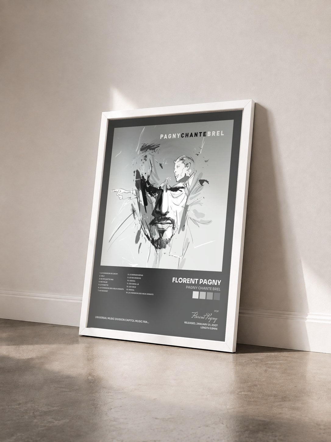 #blanc Tableau de l'album Pagny Chante Brel de Florent Pagny vu de trois quarts, cadre blanc