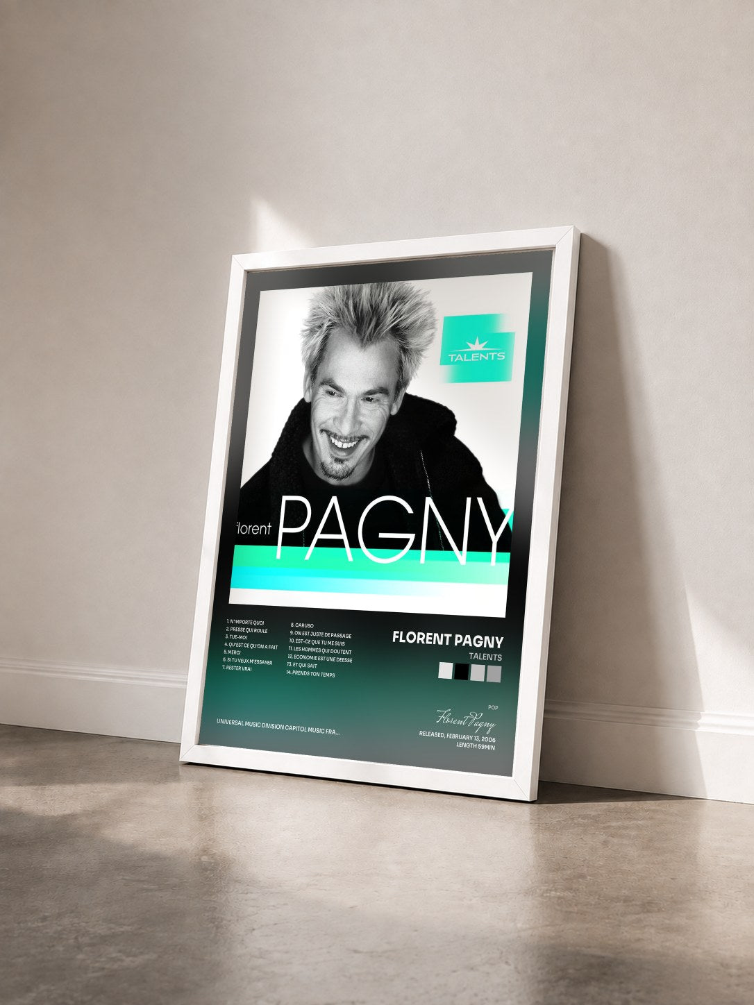 #blanc Tableau de l'album Talents de Florent Pagny vu de trois quarts, cadre blanc