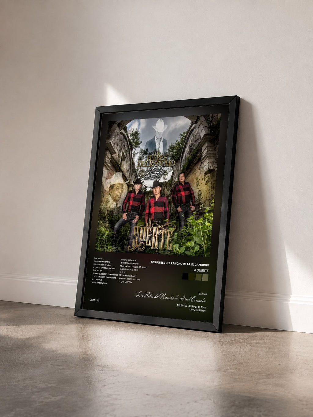 #noir Tableau de l'album La Suerte de Los Plebes del Rancho de Ariel Camacho vu de trois quarts, cadre noir