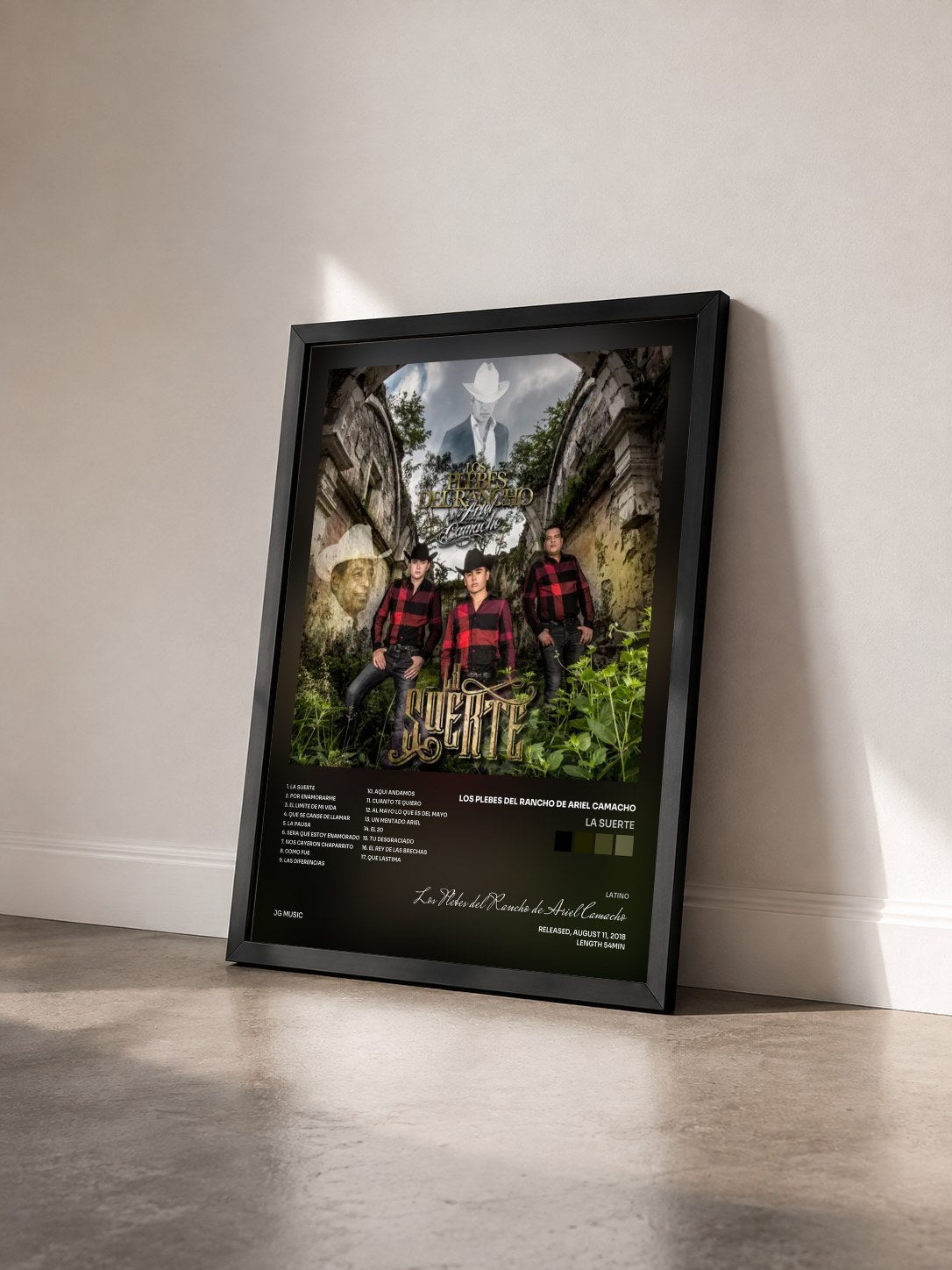 #noir Tableau de l'album La Suerte de Los Plebes del Rancho de Ariel Camacho vu de trois quarts, cadre noir