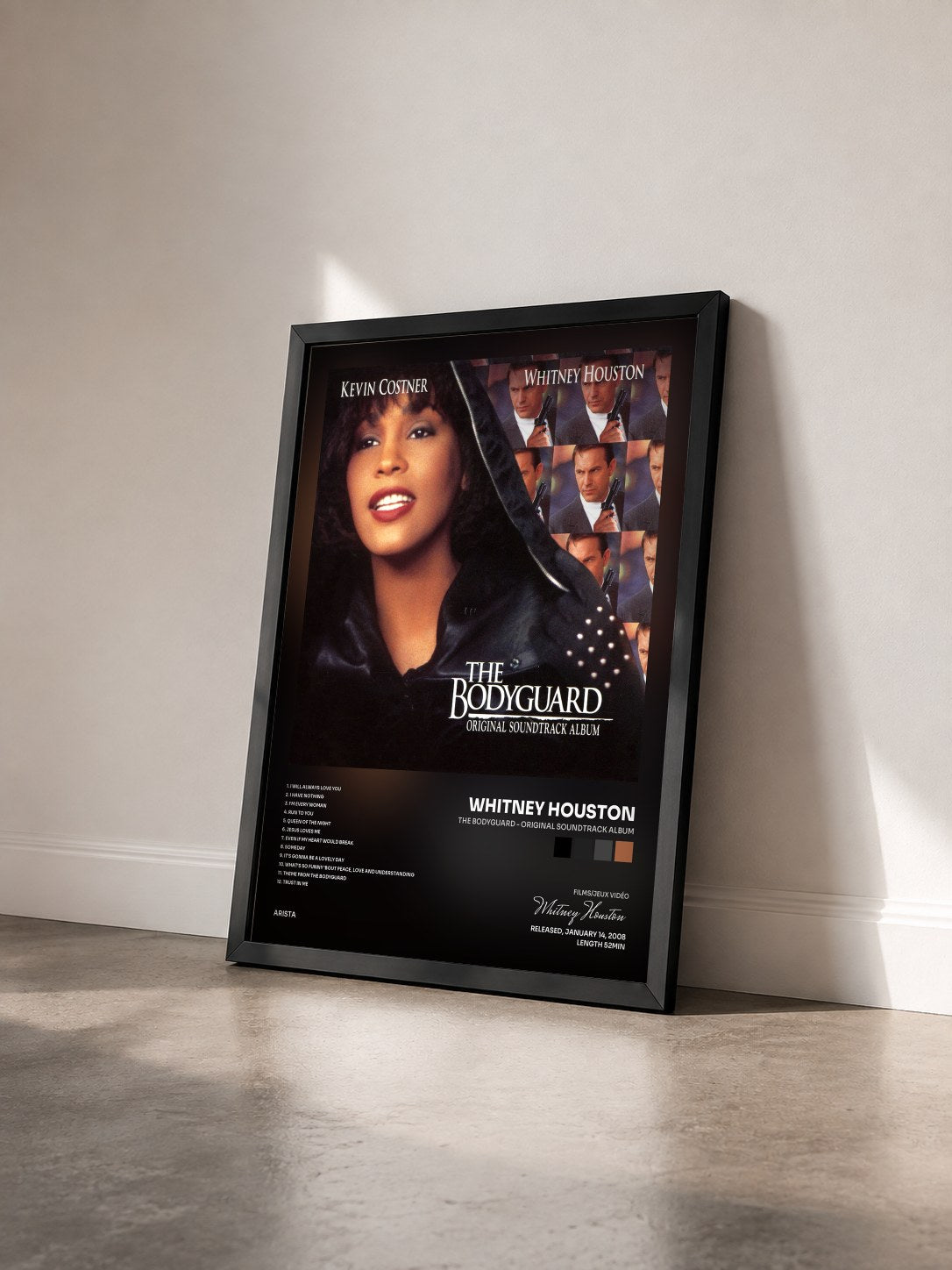 #noir The Bodyguard - Original Soundtrack Album de Whitney Houston en lámina enmarcada vista de tres cuartos, marco negro