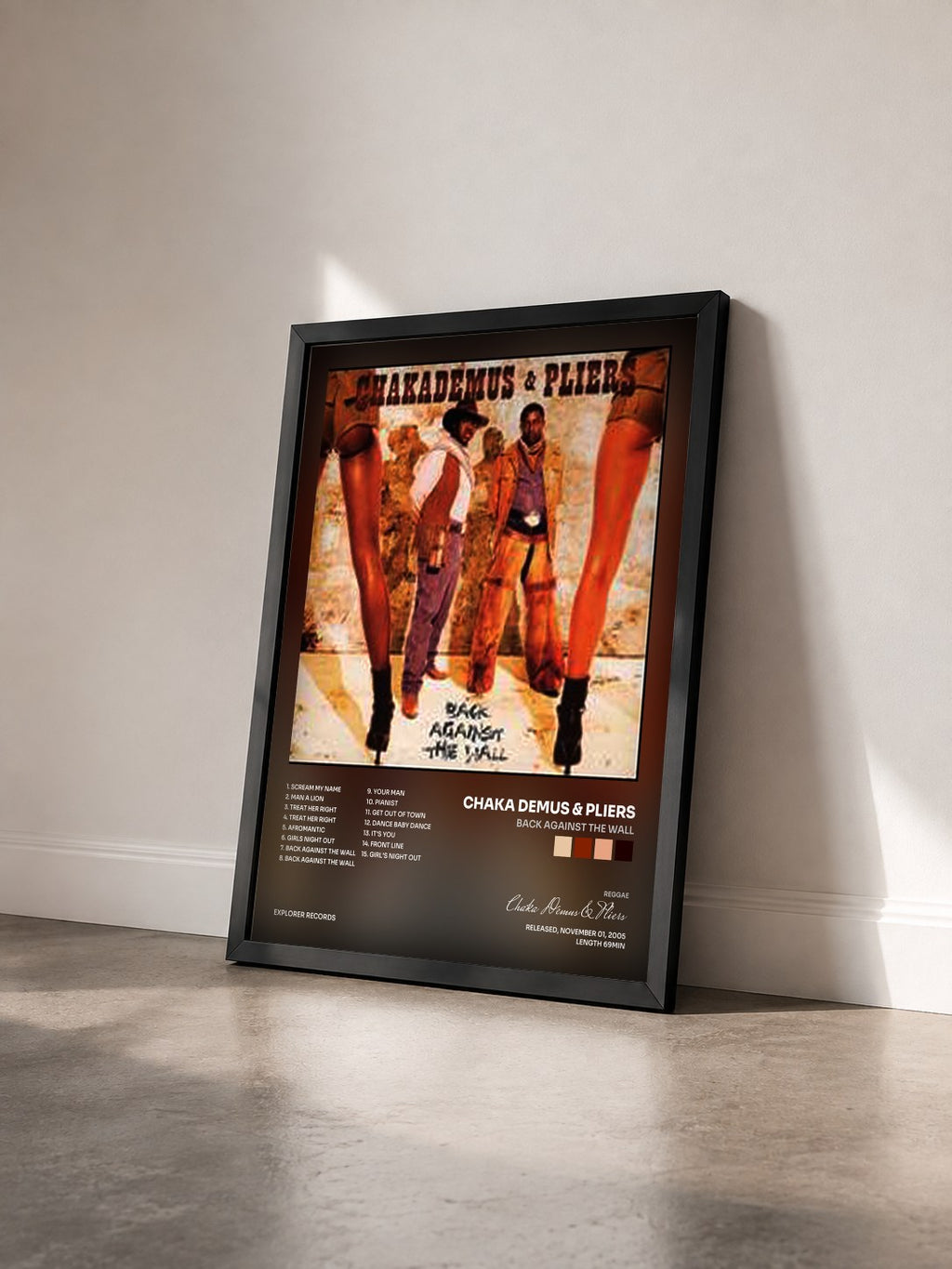 #noir Tableau de l'album Back Against The Wall de Chaka Demus & Pliers vu de trois quarts, cadre noir