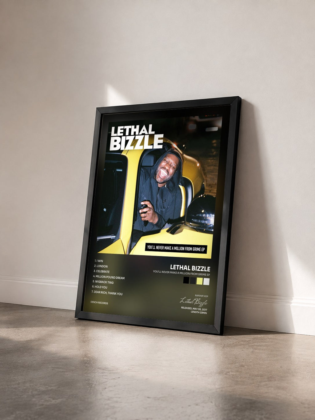 #noir Tableau de l'album You'll Never Make a Million from Grime EP de Lethal Bizzle vu de trois quarts, cadre noir