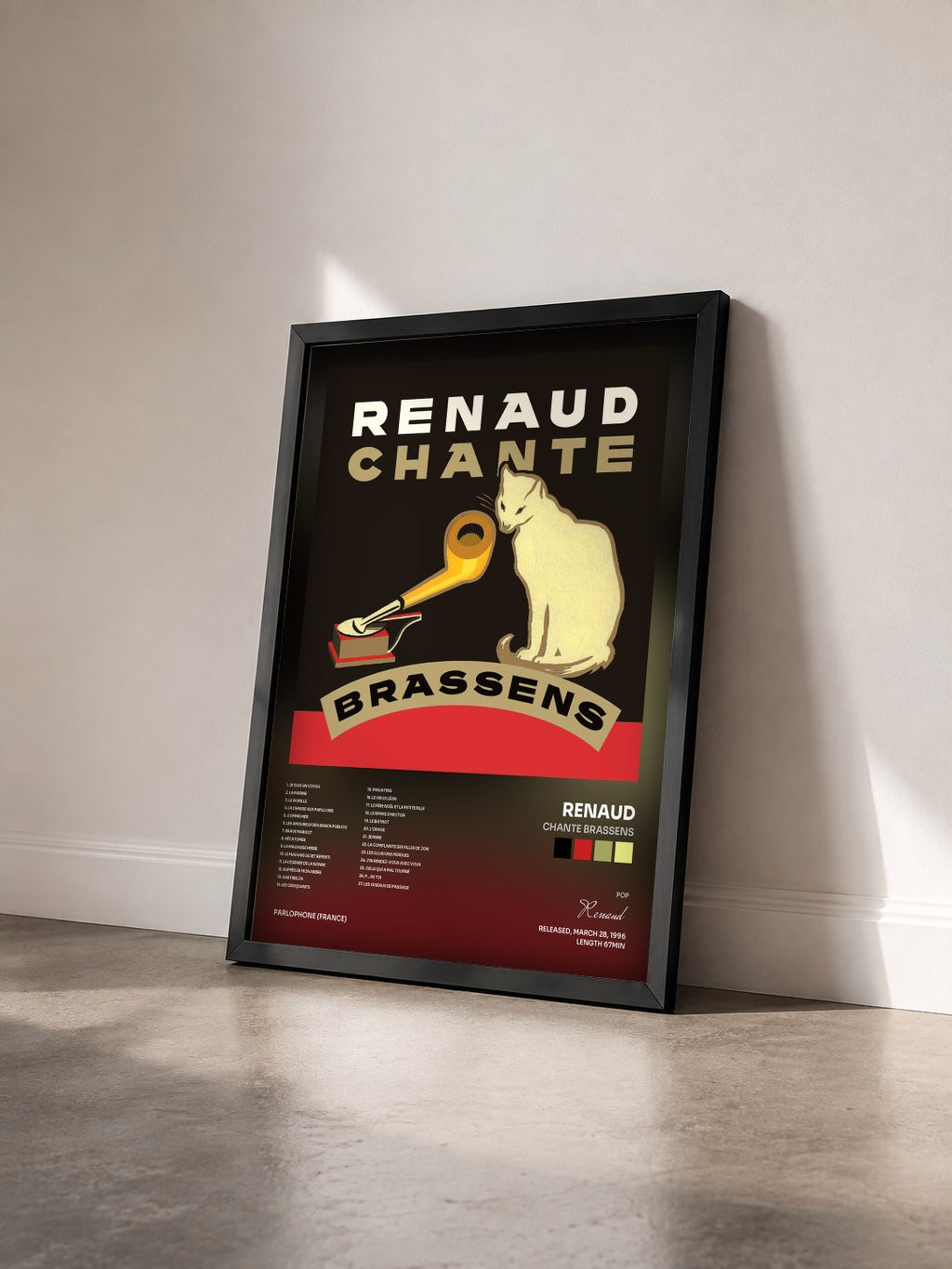 #noir Tableau de l'album Chante Brassens de Renaud vu de trois quarts, cadre noir