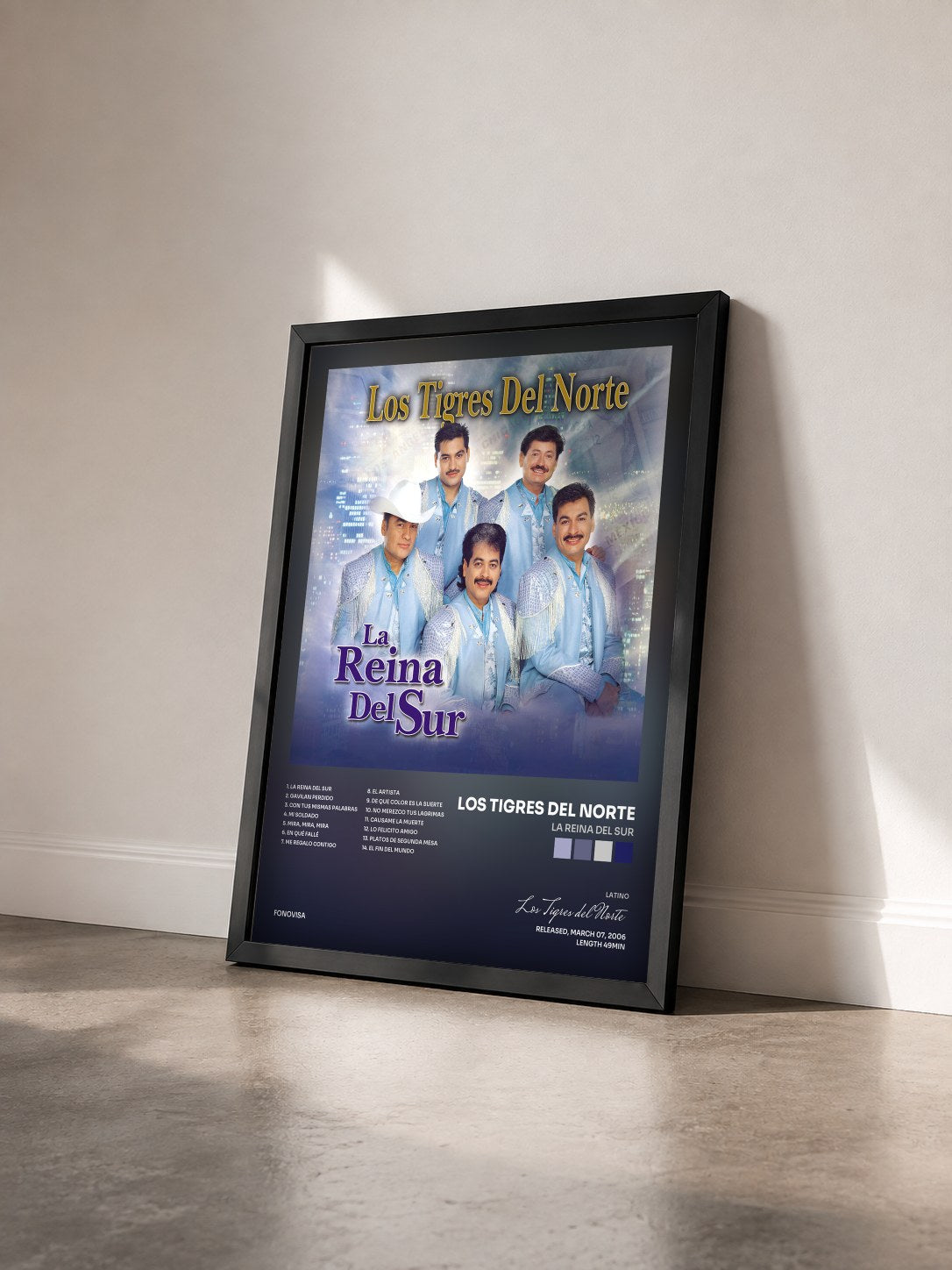 #noir Tableau de l'album La Reina Del Sur de Los Tigres del Norte vu de trois quarts, cadre noir