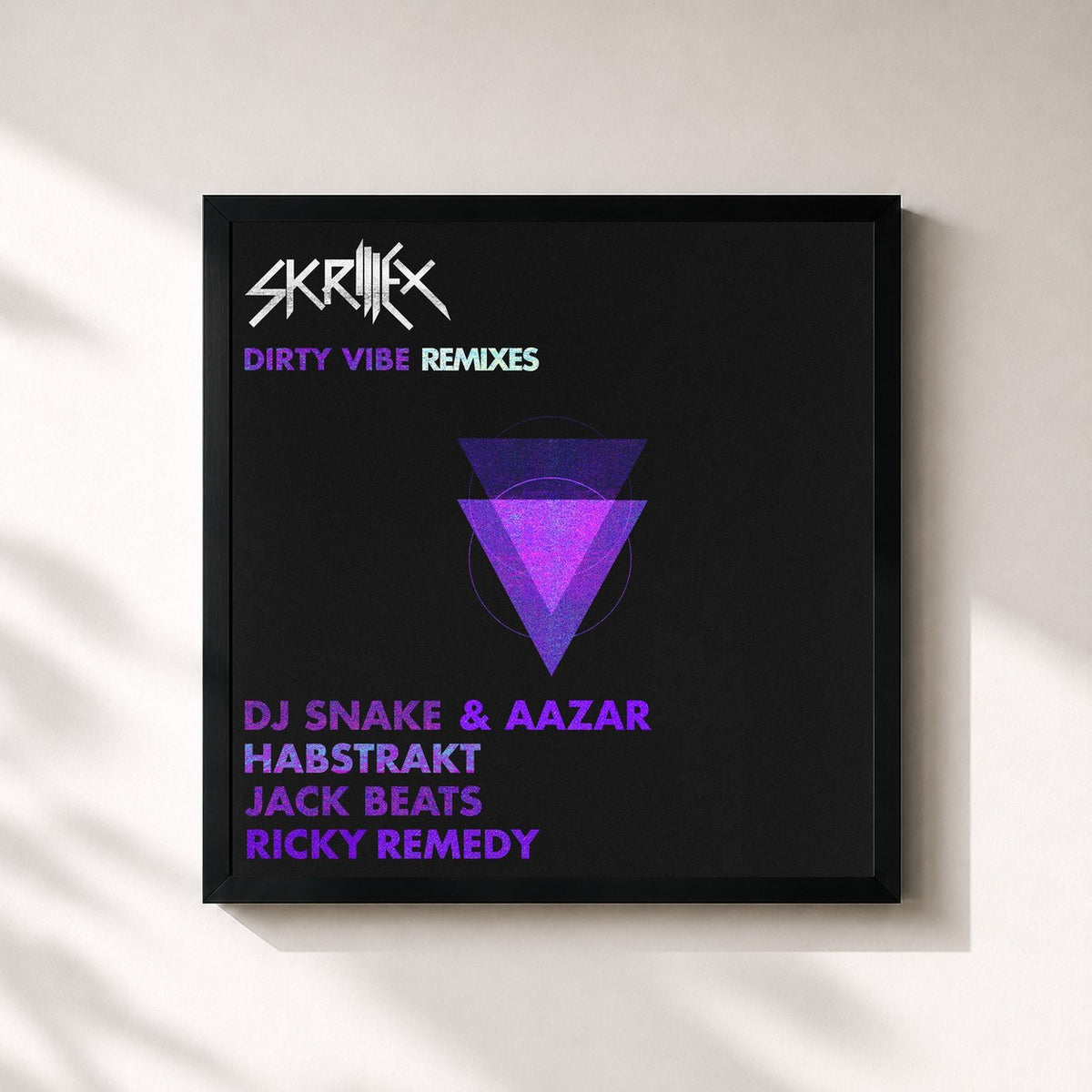 #noir Tableau carré de l'album Dirty Vibe (Remixes) de Skrillex, cadre noir 32x32 cm