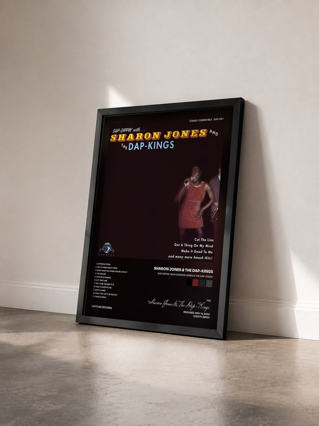 #noir Tableau de l'album Dap Dippin' With Sharon Jones & The Dap-Kings de Sharon Jones & The Dap-Kings vu de trois quarts, cadre noir