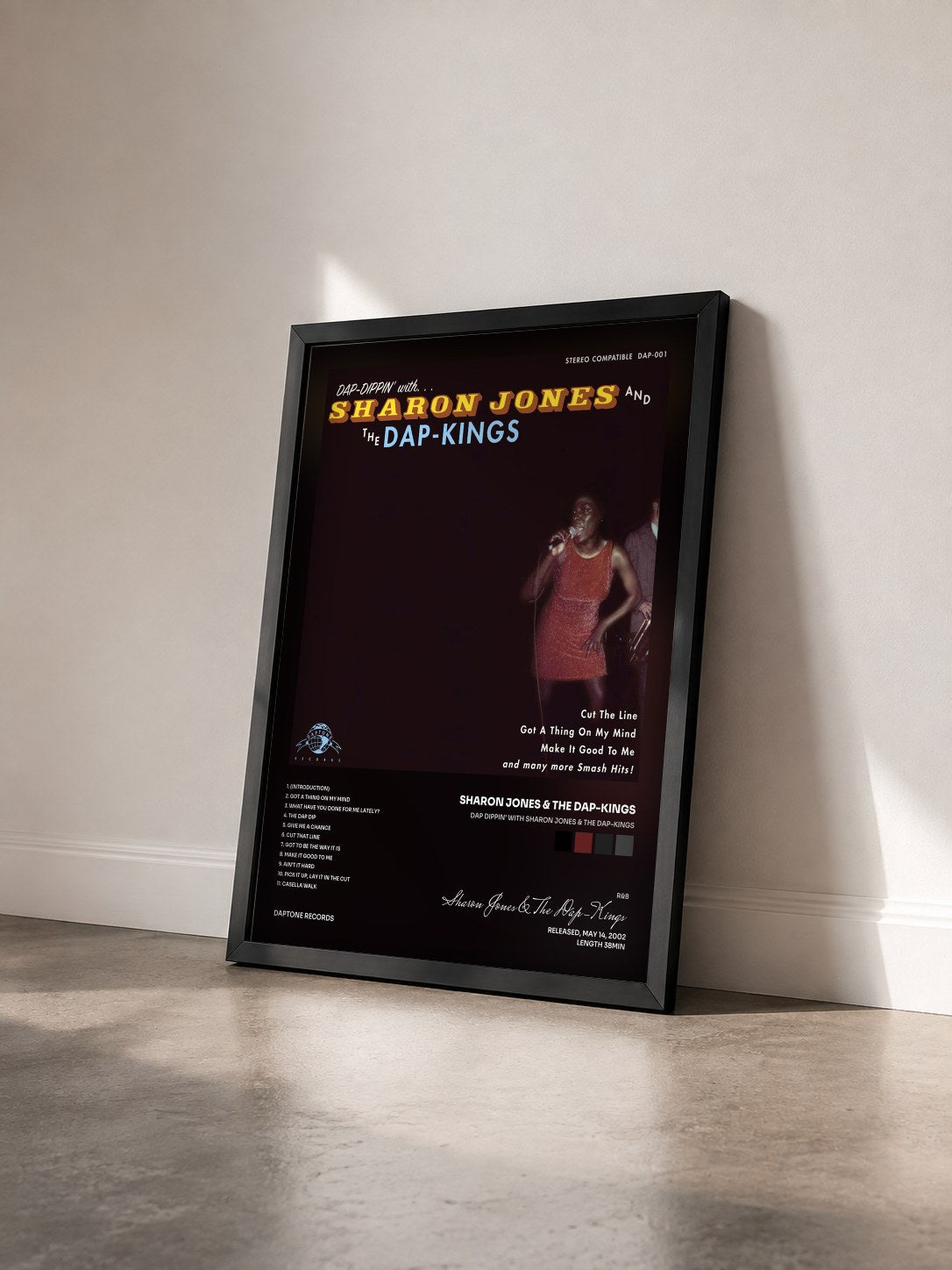 #noir Tableau de l'album Dap Dippin' With Sharon Jones & The Dap-Kings de Sharon Jones & The Dap-Kings vu de trois quarts, cadre noir
