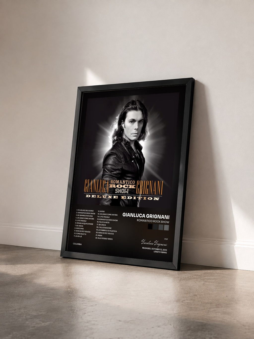 #noir Tableau de l'album Romantico Rock Show de Gianluca Grignani vu de trois quarts, cadre noir