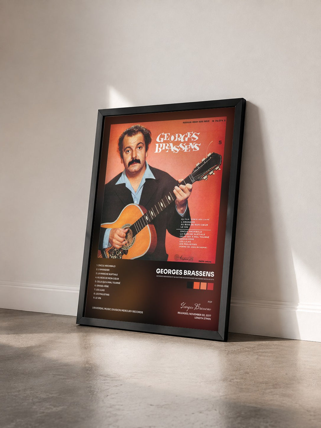 #noir Tableau de l'album Georges Brassens et sa guitare accompagné par Pierre Nicolas N°5 de Georges Brassens vu de trois quarts, cadre noir