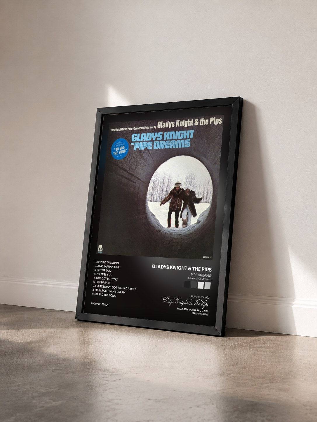 #noir Tableau de l'album Pipe Dreams (Original Soundtrack) de Gladys Knight & The Pips vu de trois quarts, cadre noir
