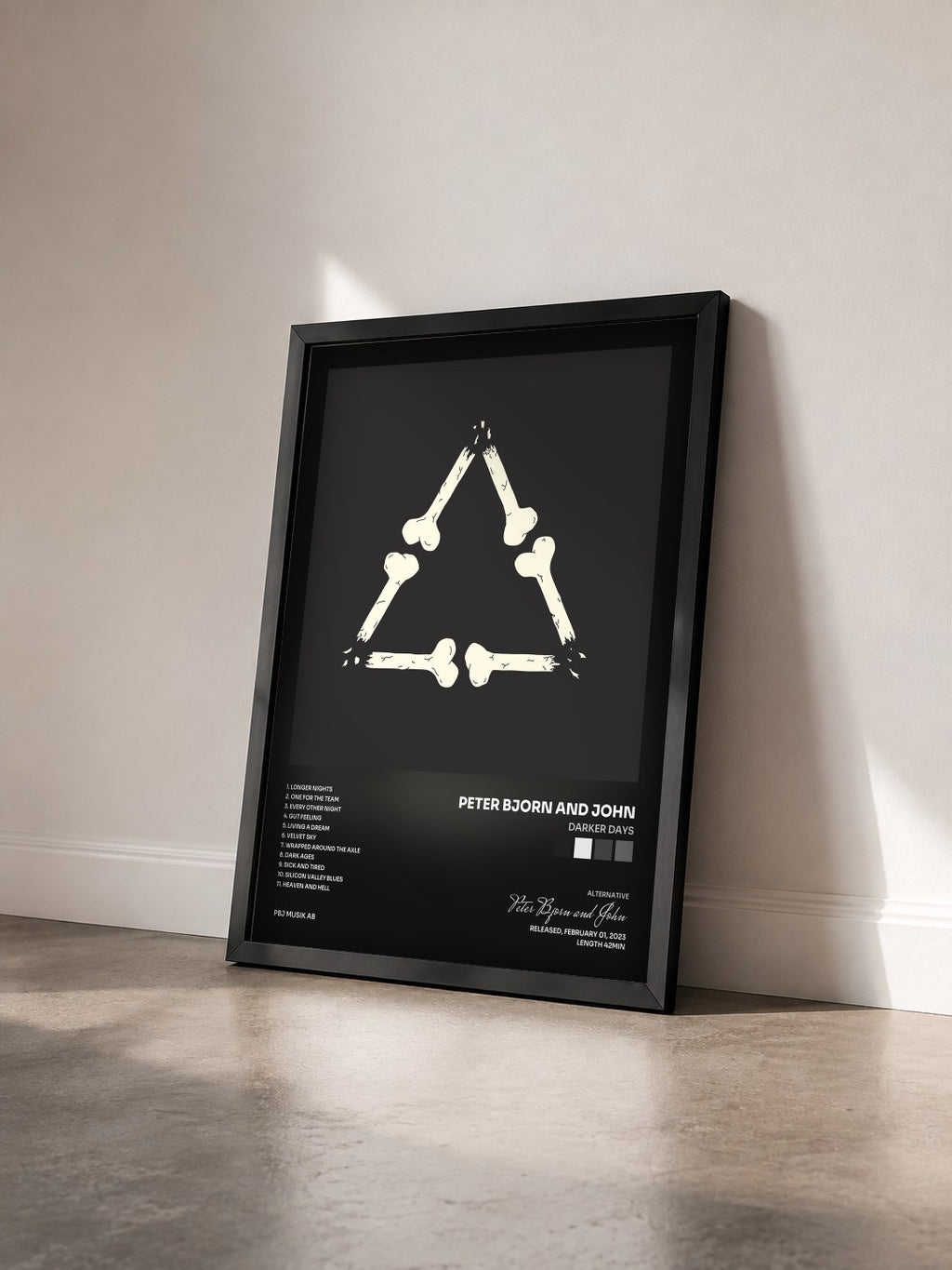 #noir Tableau de l'album Darker Days de Peter Bjorn and John vu de trois quarts, cadre noir