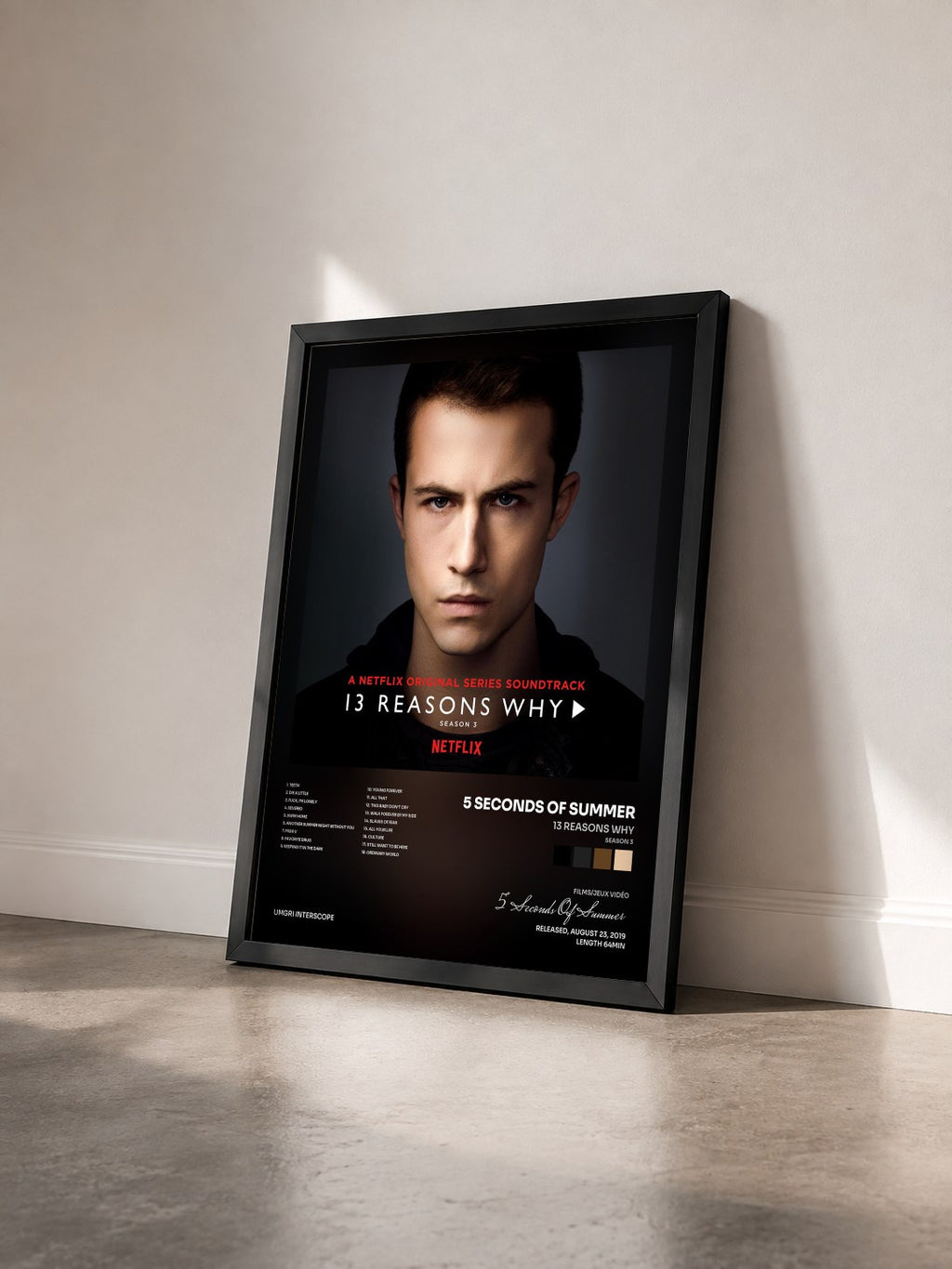 #noir 13 Reasons Why (Season 3) by 5 Seconds Of Summer as a framed art print seen at an angle, black frame