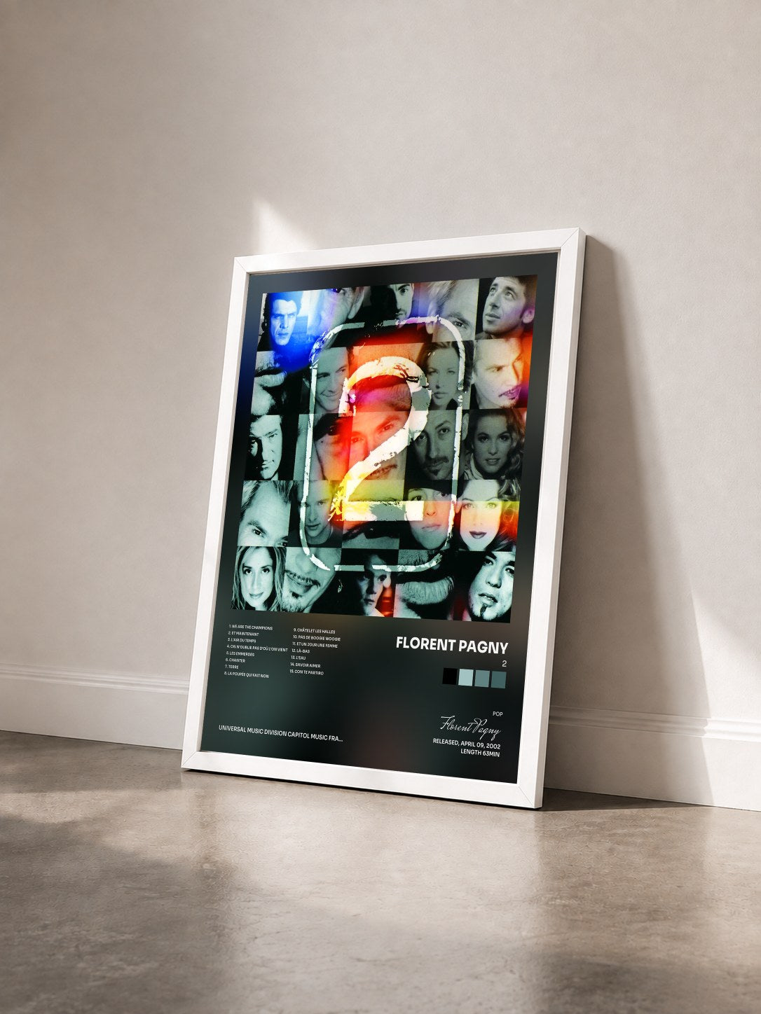 #blanc Tableau de l'album 2 de Florent Pagny vu de trois quarts, cadre blanc
