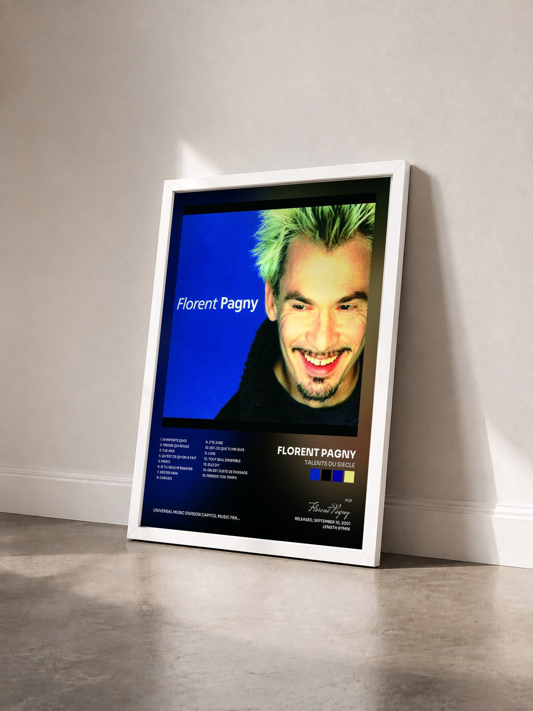 #blanc Tableau de l'album Talents Du Siecle de Florent Pagny vu de trois quarts, cadre blanc
