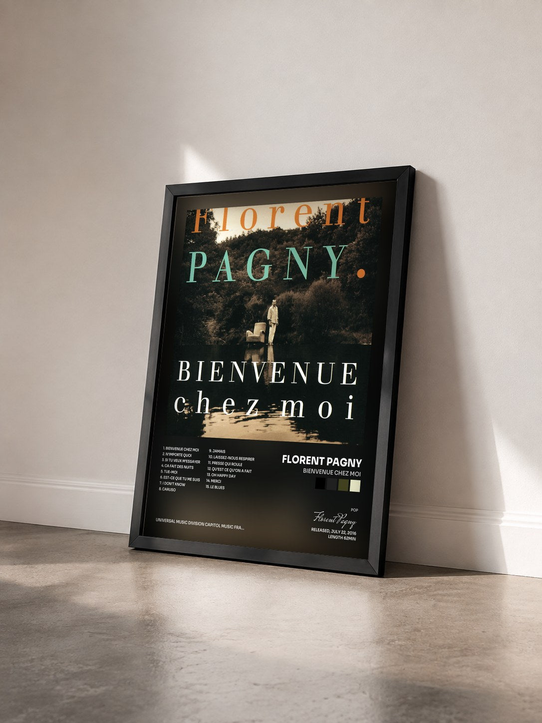 #noir Tableau de l'album Bienvenue chez moi de Florent Pagny vu de trois quarts, cadre noir