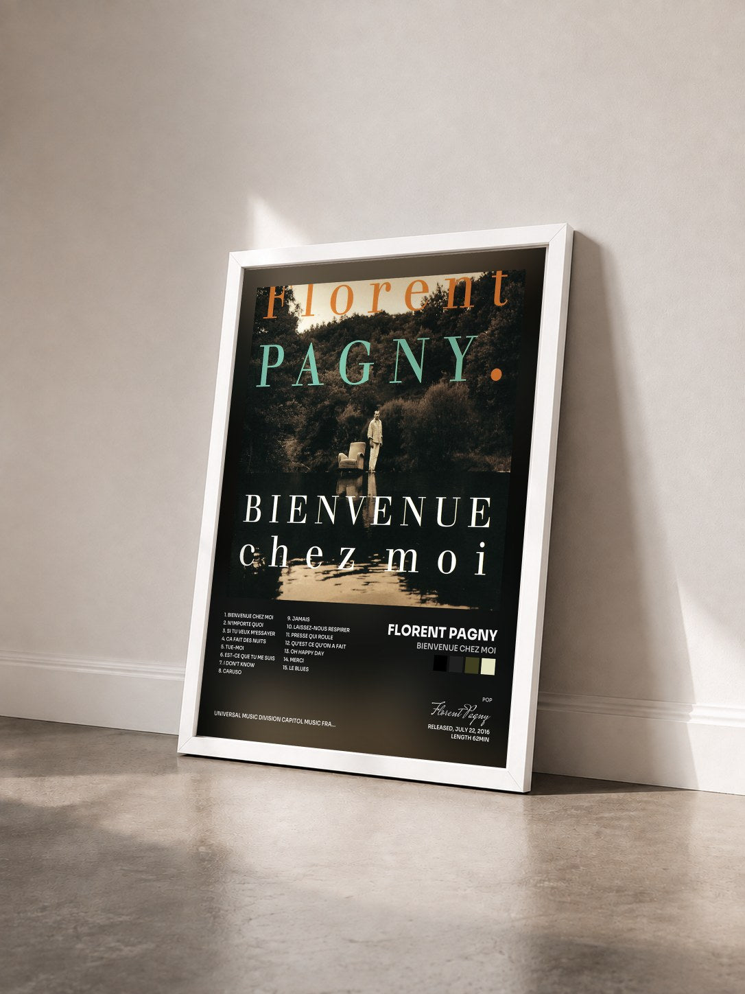 #blanc Tableau de l'album Bienvenue chez moi de Florent Pagny vu de trois quarts, cadre blanc