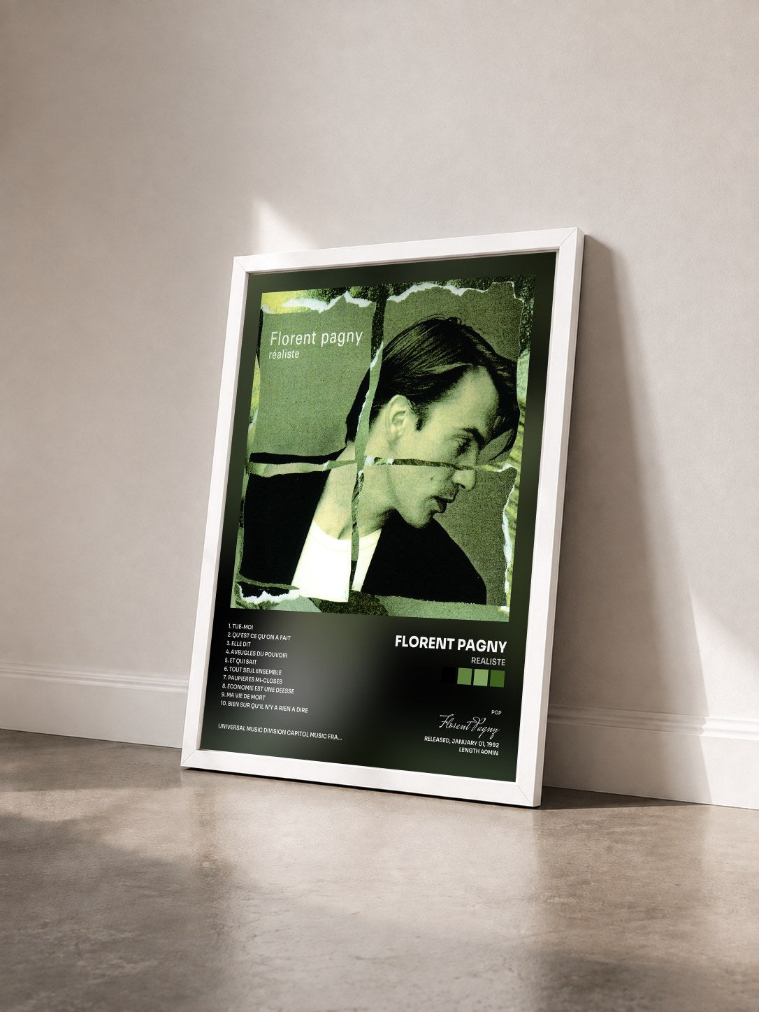 #blanc Tableau de l'album Realiste de Florent Pagny vu de trois quarts, cadre blanc