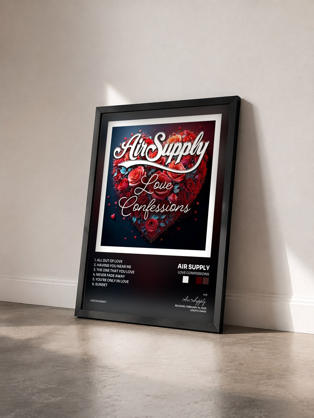 #noir Love Confessions by Air Supply as a framed art print seen at an angle, black frame