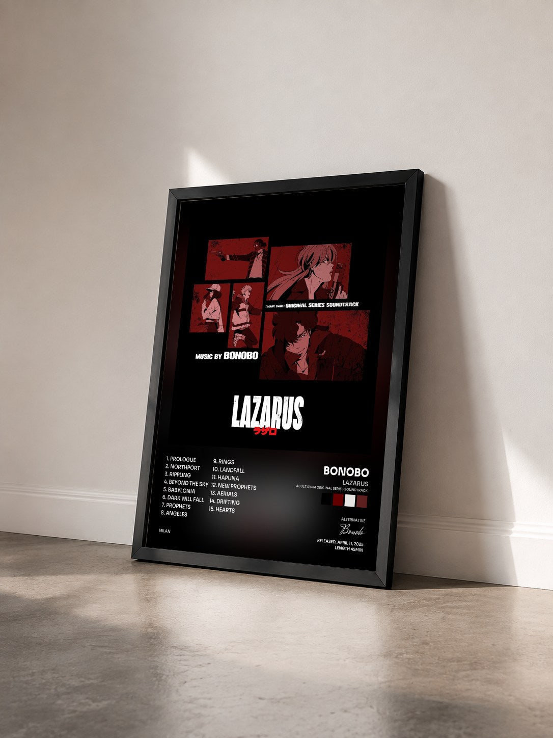 #noir Tableau de l'album Lazarus (Adult Swim Original Series Soundtrack) de Bonobo vu de trois quarts, cadre noir