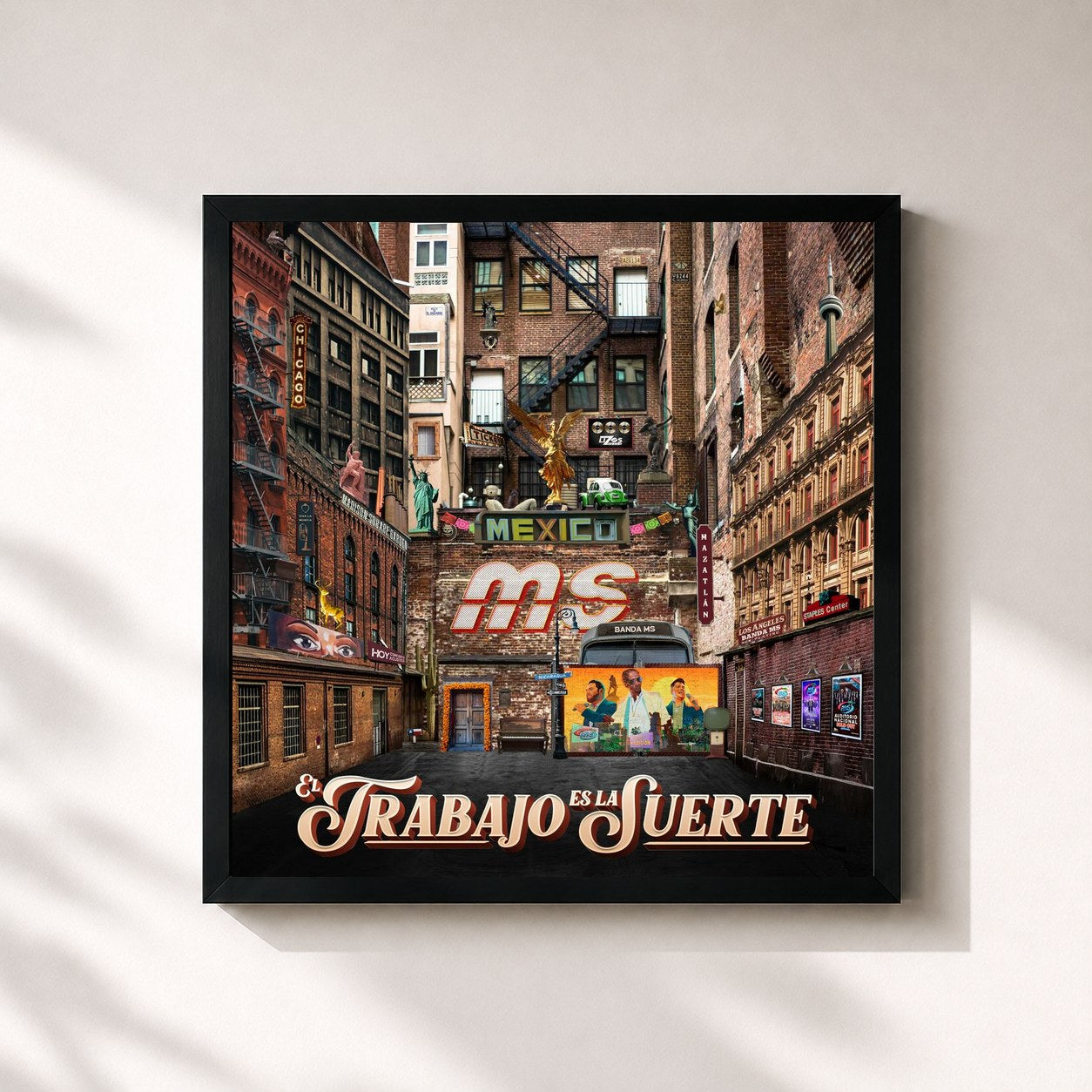 #noir Tableau carré de l'album El Trabajo Es La Suerte de Banda MS de Sergio Lizárraga, cadre noir 32x32 cm