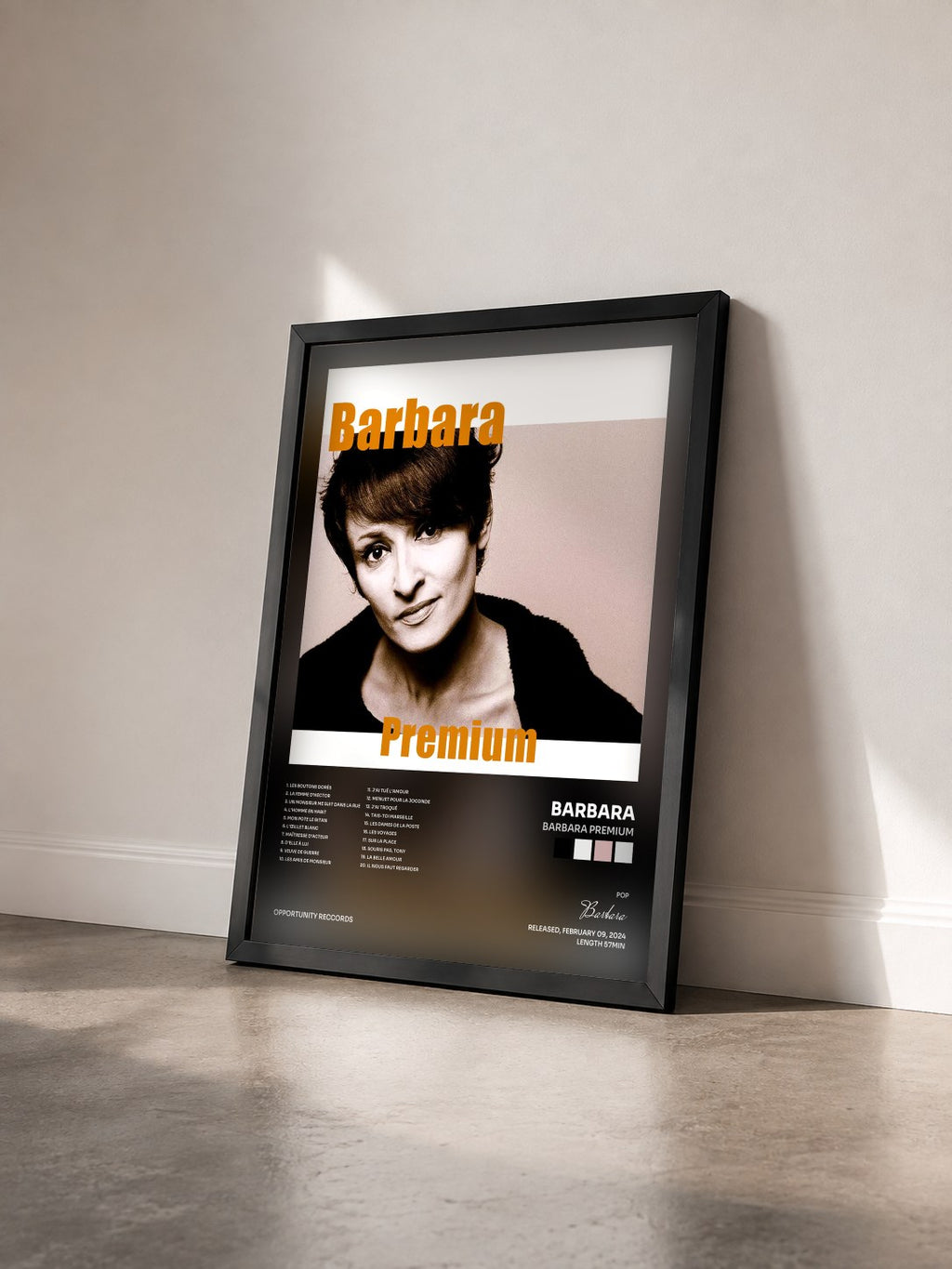 #noir Barbara Premium by Barbara as a framed art print seen at an angle, black frame