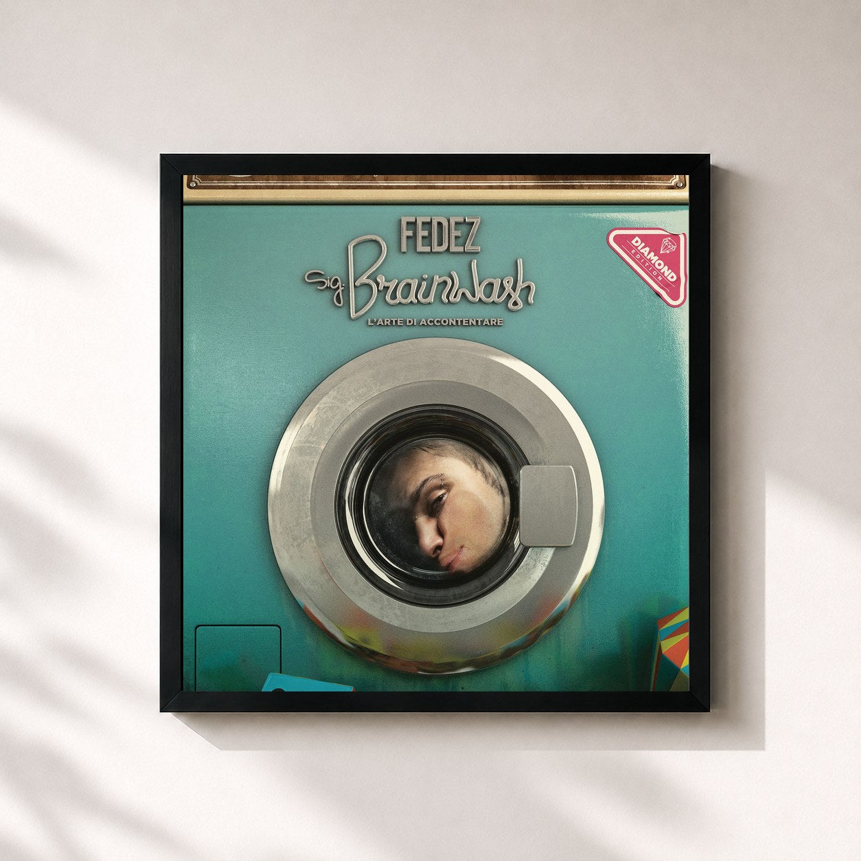 #noir Tableau carré de l'album Sig. Brainwash - L'arte di accontentare Diamond Edition de Fedez, cadre noir 32x32 cm