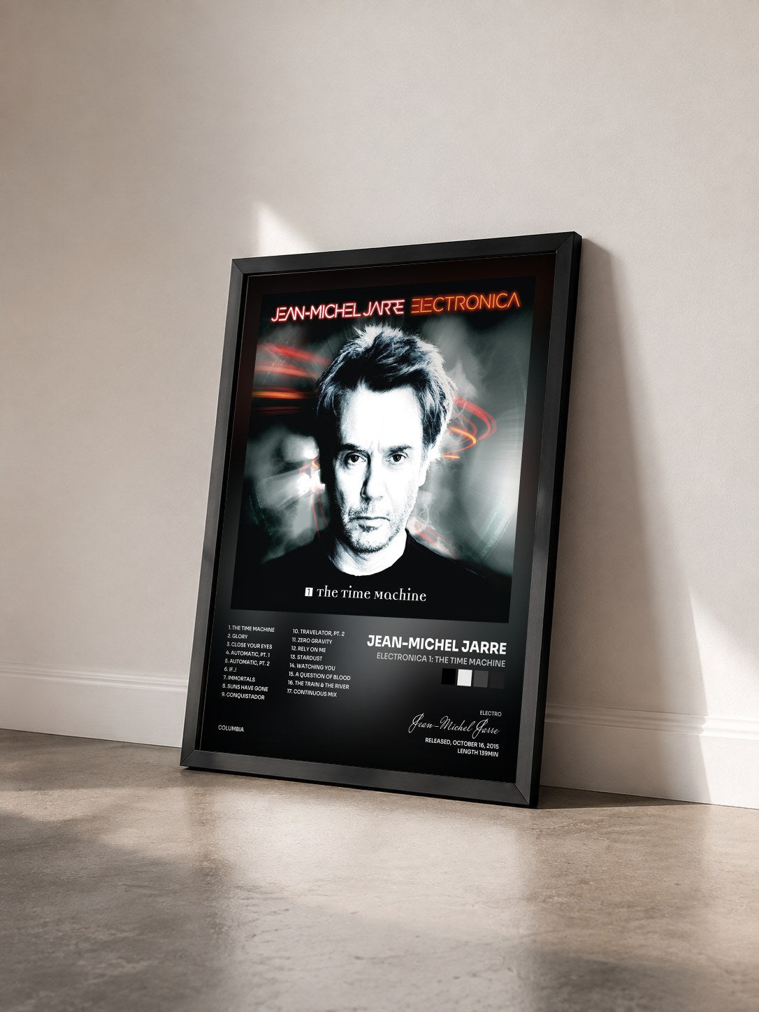 #noir Tableau de l'album Electronica 1: The Time Machine de Jean-Michel Jarre vu de trois quarts, cadre noir