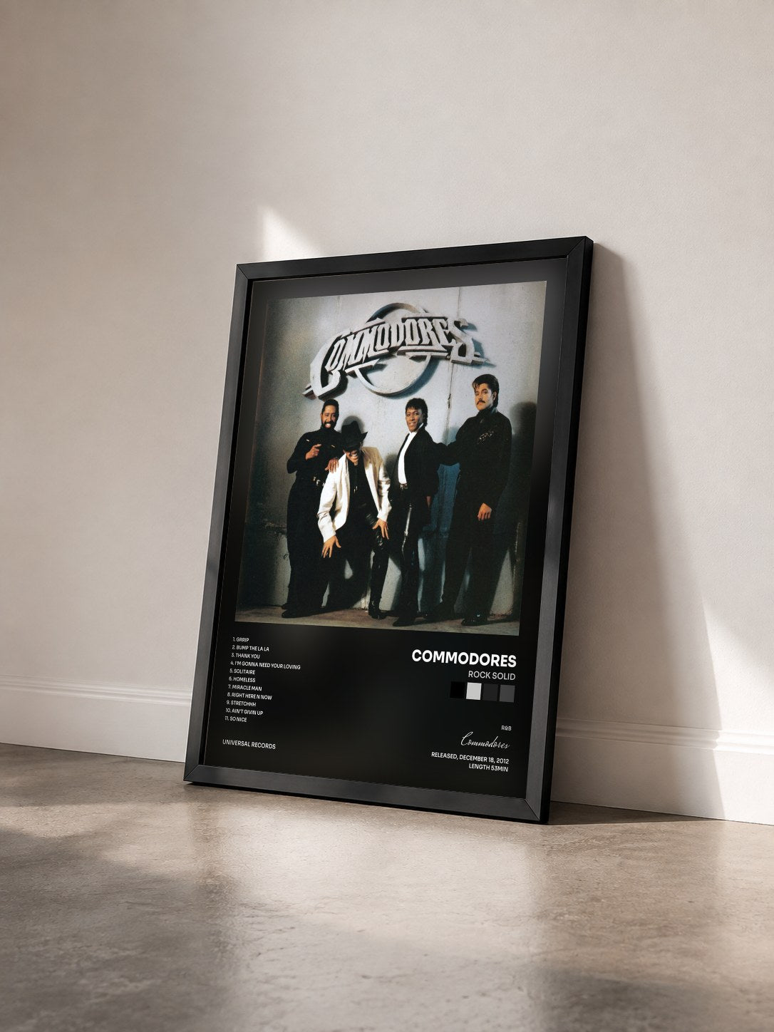 #noir Tableau de l'album Rock Solid de Commodores vu de trois quarts, cadre noir