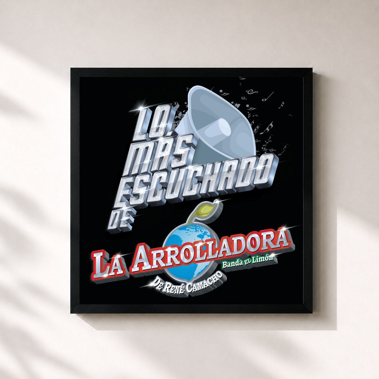 #noir Tableau carré de l'album Lo Más Escuchado De de La Arrolladora Banda El Limón De Rene Camacho, cadre noir 32x32 cm