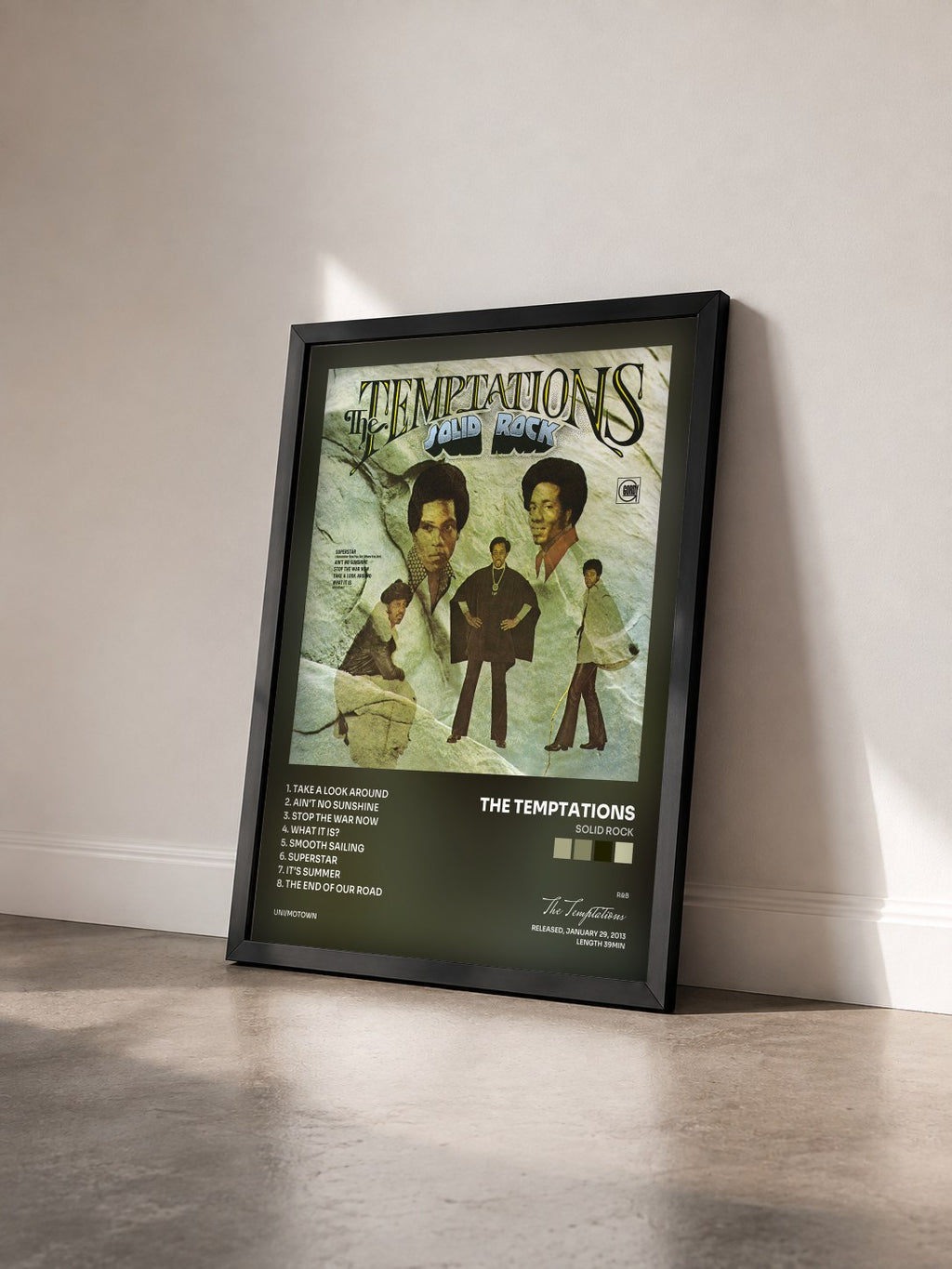 #noir Solid Rock di The Temptations in stampa incorniciata vista di tre quarti, cornice nera
