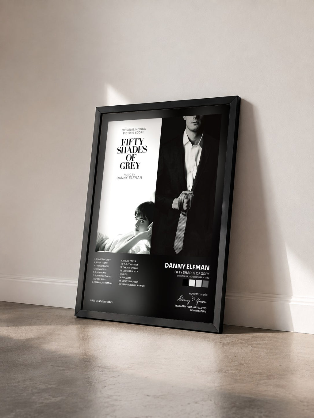#noir Fifty Shades Of Grey (Original Motion Picture Score) by Danny Elfman as a framed art print seen at an angle, black frame