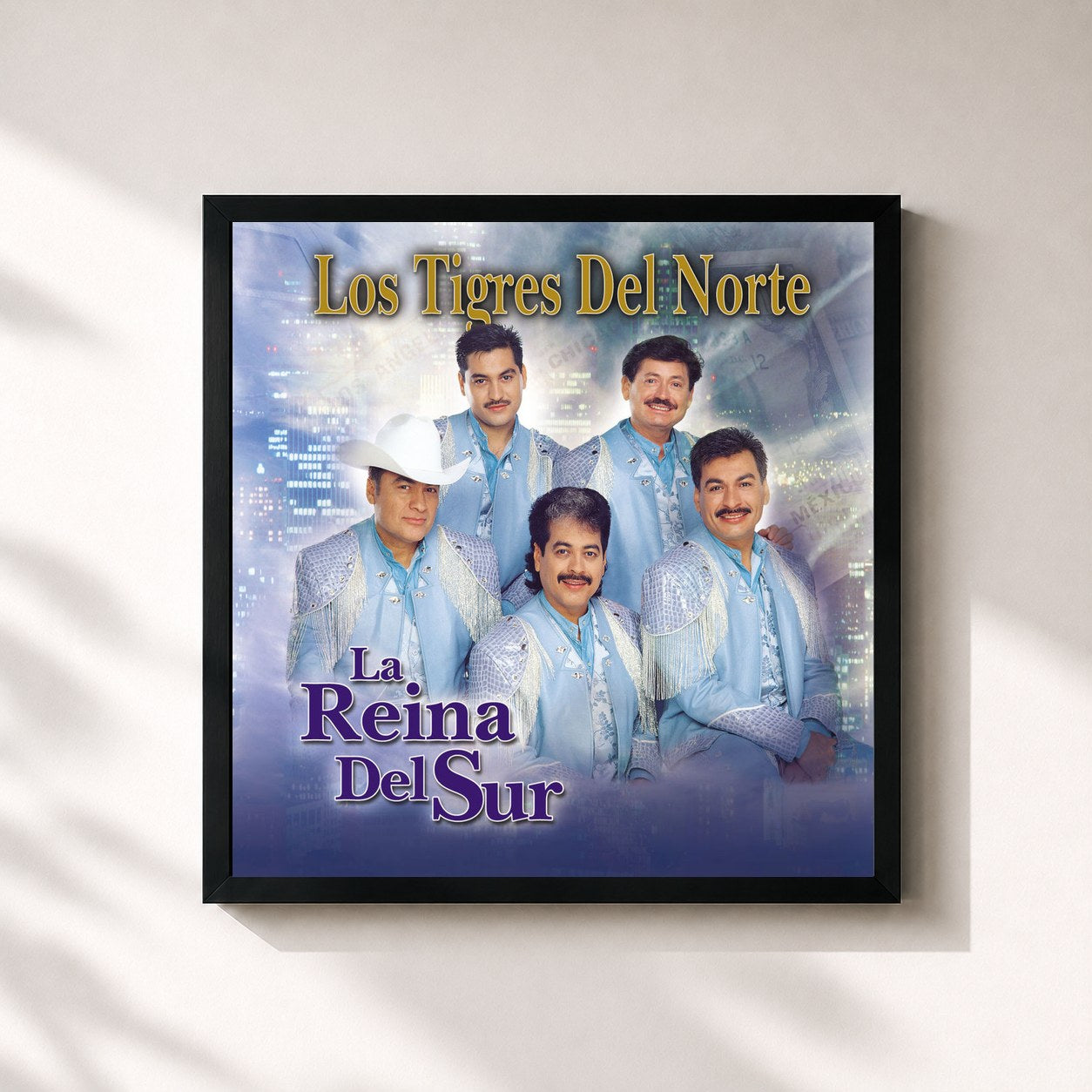 #noir Tableau carré de l'album La Reina Del Sur de Los Tigres del Norte, cadre noir 32x32 cm