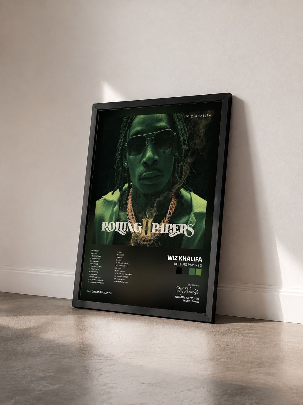 #noir Tableau de l'album Rolling Papers 2 de Wiz Khalifa vu de trois quarts, cadre noir