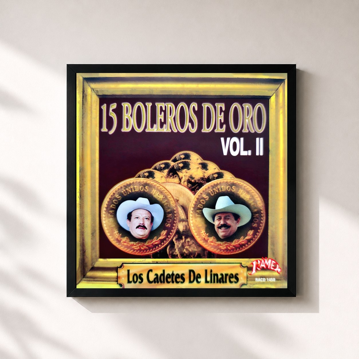 #noir Tableau carré de l'album 15 Boleros De Oro, Vol. 2 de Los Cadetes De Linares, cadre noir 32x32 cm