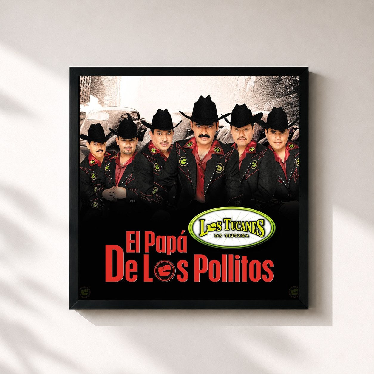 #noir Tableau carré de l'album El Papá De Los Pollitos de Los Tucanes De Tijuana, cadre noir 32x32 cm