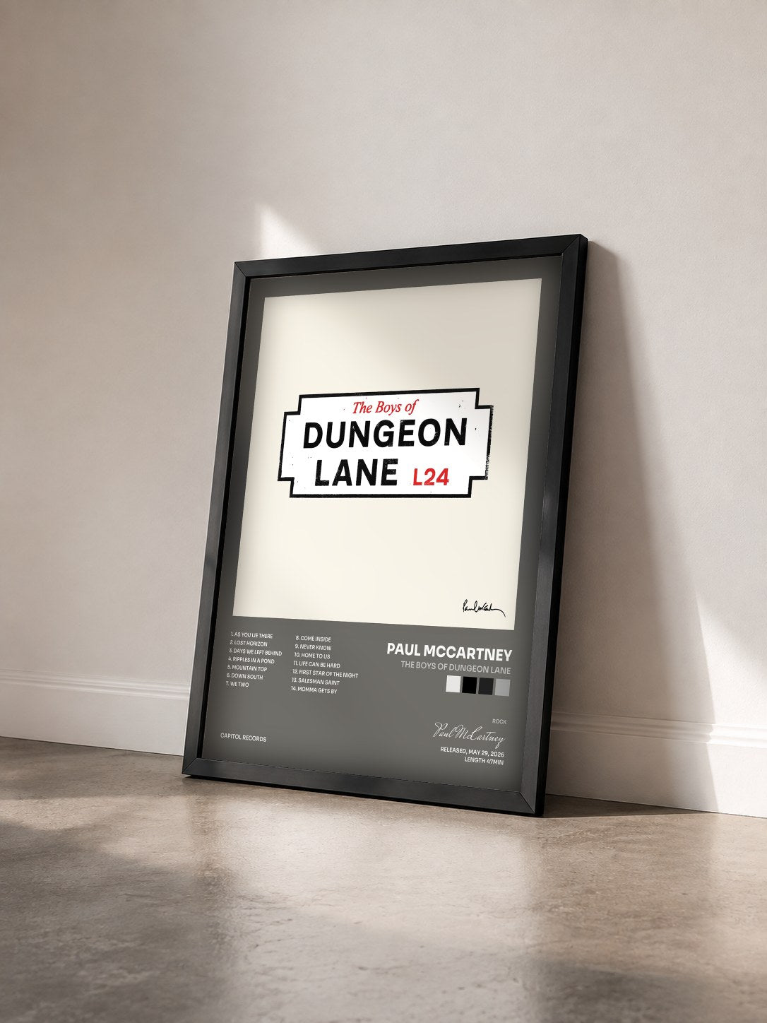 #noir Tableau de l'album The Boys of Dungeon Lane de Paul McCartney vu de trois quarts, cadre noir
