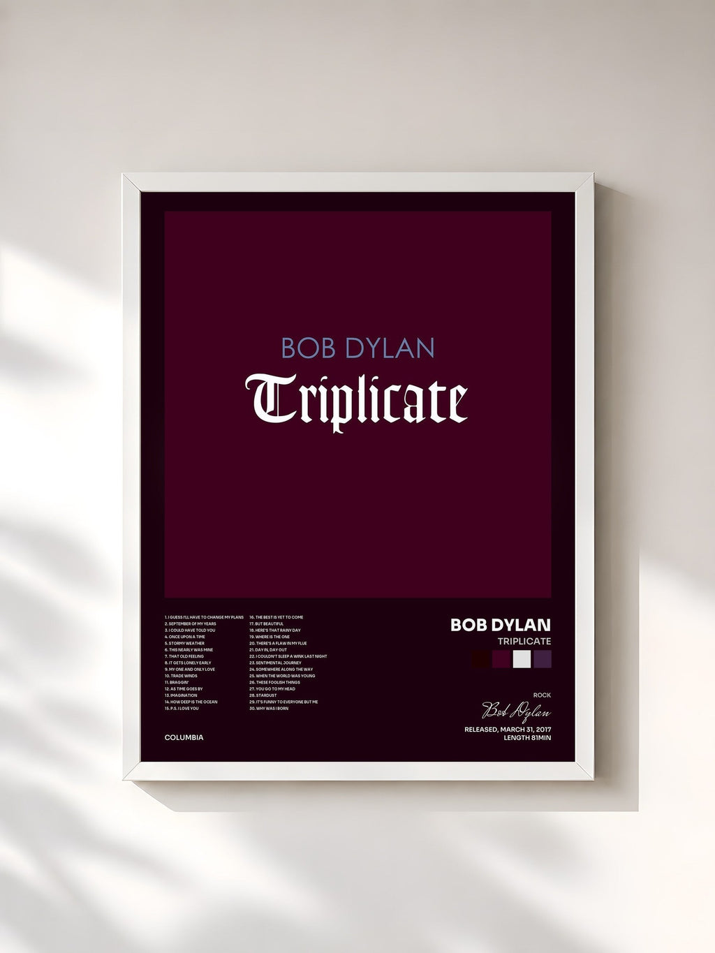 #blanc Tableau de l'album Triplicate de Bob Dylan, cadre blanc, imprimé et encadré en France