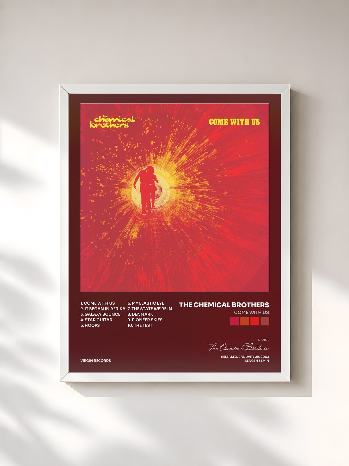 #blanc Tableau de l'album Come With Us de The Chemical Brothers, cadre blanc, imprimé et encadré en France