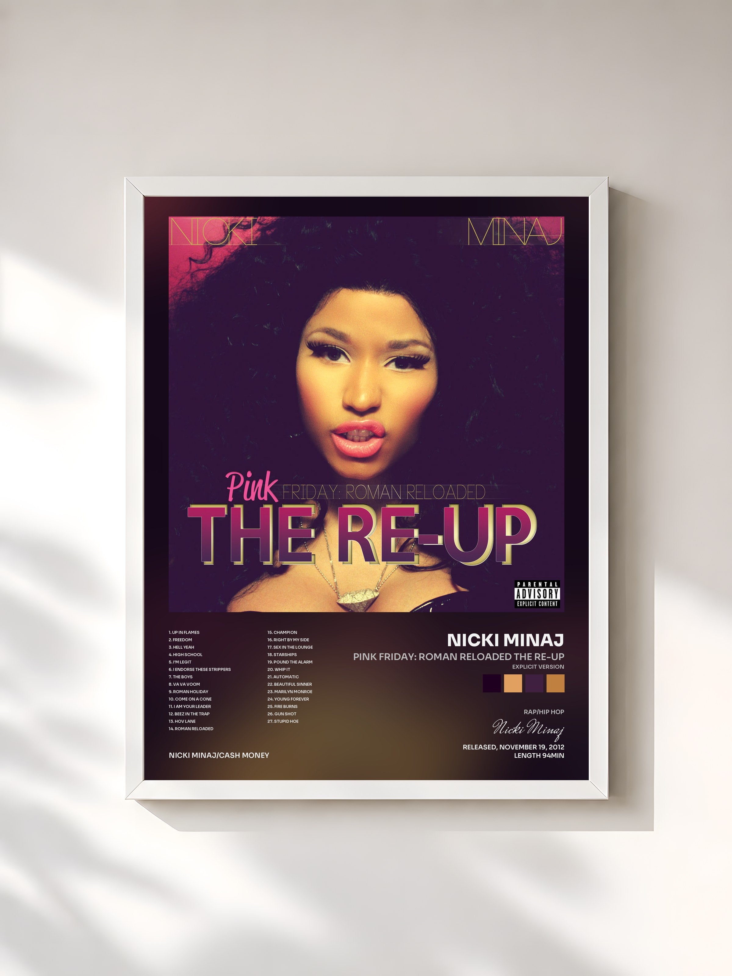 #blanc Tableau de l'album Pink Friday: Roman Reloaded The Re-Up (Explicit Version) de Nicki Minaj, cadre blanc, imprimé et encadré en France