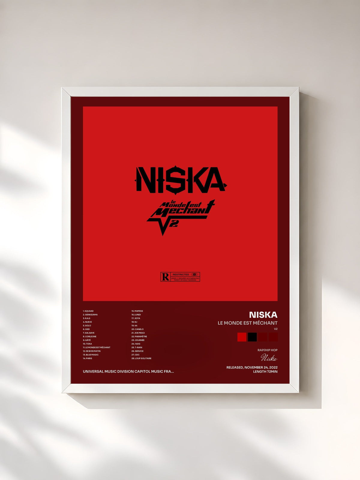 #blanc Tableau de l'album Le monde est méchant (V2) de Niska, cadre blanc, imprimé et encadré en France